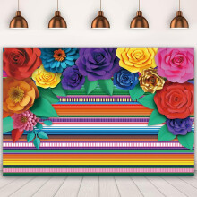 7x5Ft Mexican Style Fiesta Backdrop Colorful Stripes Flags Floral Birthday Party Banner Supplies Decoration Boy Girl Women Men Photographic