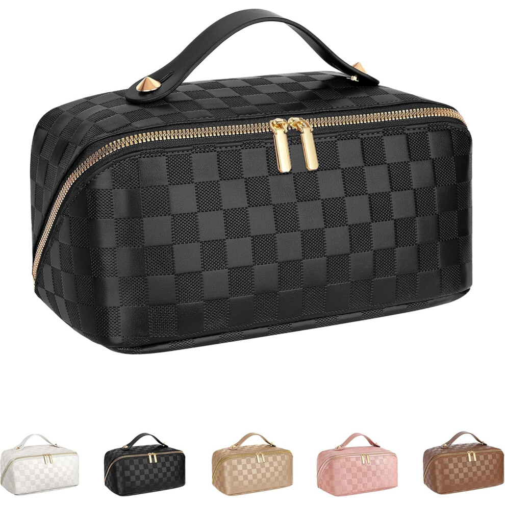 Photos - Cosmetic Bag Large Capacity Travel - Portable Makeup Bags for Women Travel Toiletry Bag Waterproof Leather Checkered Makeup