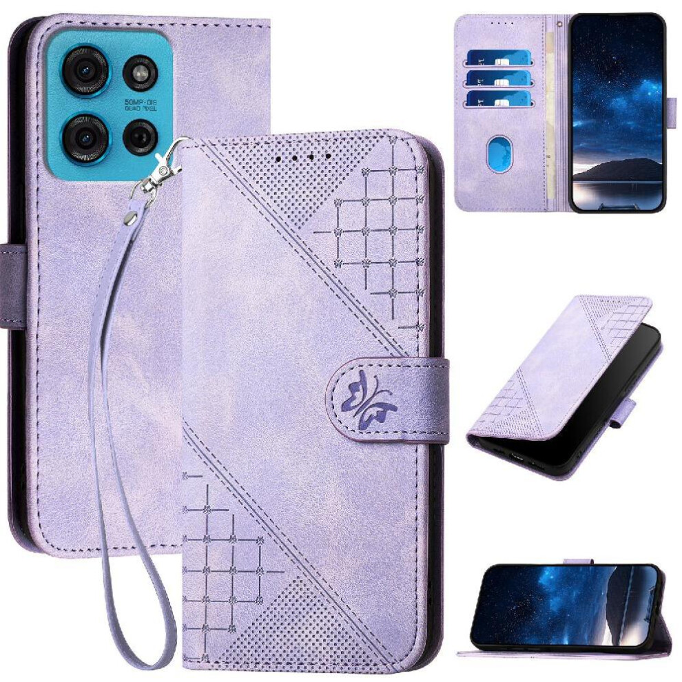 Photos - Case  Flip  for Motorola Moto G75 High Quality Leather Phone  Embossed Butterfly with Detachable Hand Strap(Light Violet)