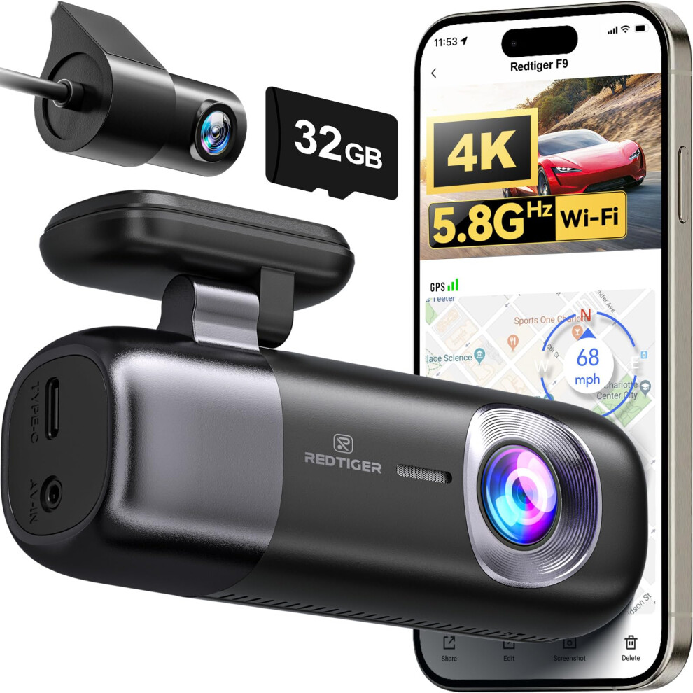 REDTIGER Dash Cam 4K Front and Rear 1080P, 5.8GHz WiFi GPS Car Camera with 32GB Card, Dual Dash Camera for Cars, Loop Recording, Night Vision, Parkin-image-OPC-PHZRXQF-NEW