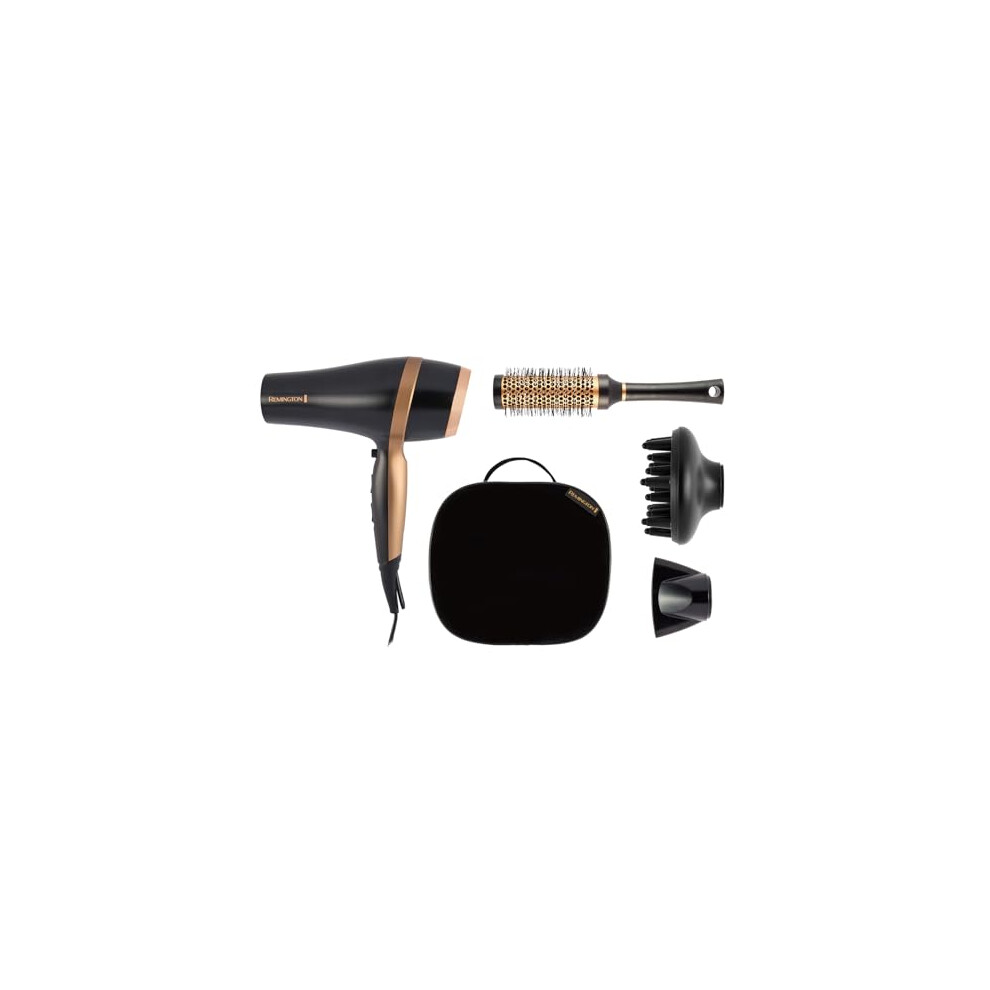 Remington Hair Dryer (Gift Set with Concentrator & Diffuser, Ceramic Ionic Grille, 3 Heat & 2 Speed Settings and Cool Shot, Premium Storage Bag, Roun