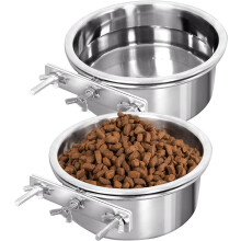 Hniuyun Water Bowl Food Bowl for Kennel Cage Crates, 2 Pcs Hanging Pet Bowl, Stainless Steel Bowl Quick Lock Bowls for Dog Cat Bird Guinea Pig Rabbit