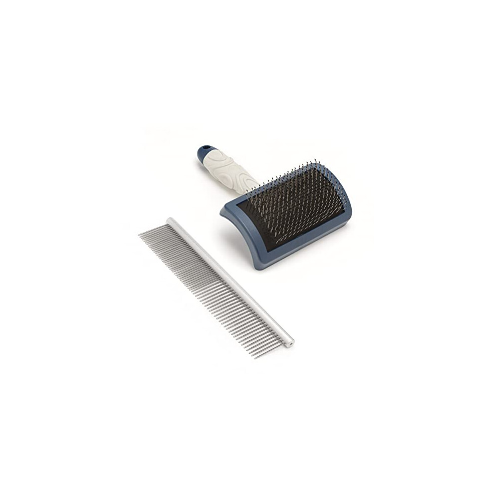 Mikki Dog Puppy Stainless Steel Comb And Hard Pin Slicker Brush, For Cockapoos, Labradoodles, Cavapoos And Doodles - Starter Set 2Pcs, Golden/Blue