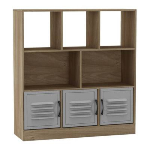 (Oak, Metal) 8 Cube Asymmetrical Storage Bookcase and Shelving Unit