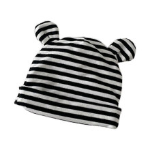 (Black bars Binaural) Adorable Striped Baby Beanie with Bear Ears - Soft & Cozy Infant Hat