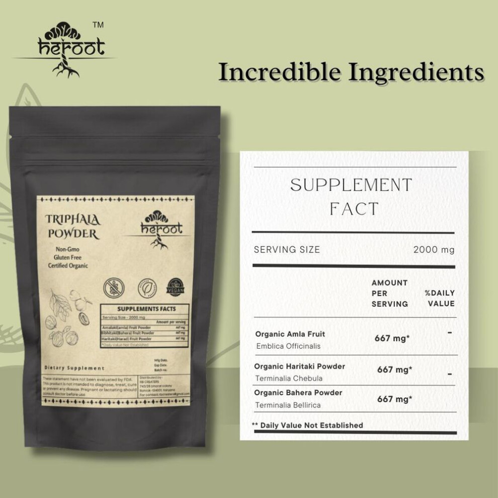 (Pack=200 gm) Heroot Organic Triphala 50gm Powder Healthy Digestion, Detox Colon Cleanse