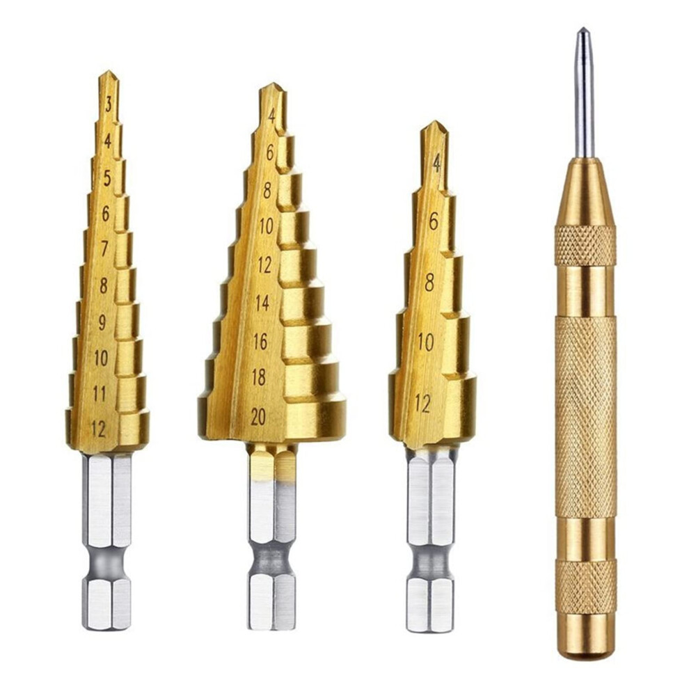 3 Pcs Hss Titanium Step Drill Bit Set 1 Pcs Automatic Center Punch Bit 6276012715704