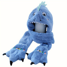 (Blue, One-size) One-piece Boys' Autumn and Winter Plush Dinosaur Cute Scarf Hat and Gloves Three-piece Set Exquisite Embroidery Warm and Cute Super Soft