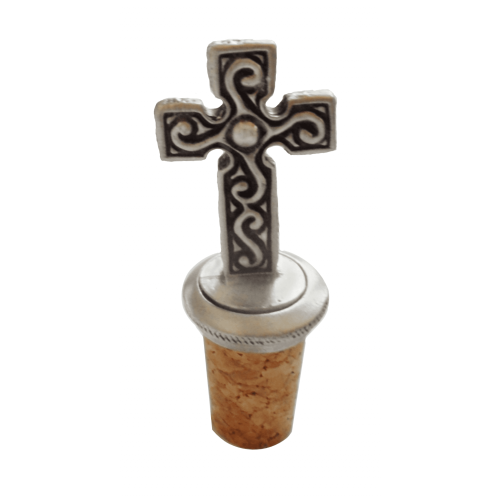 (Add a Gift Pouch) Celtic Swirl Cross Pewter Bottle Stopper