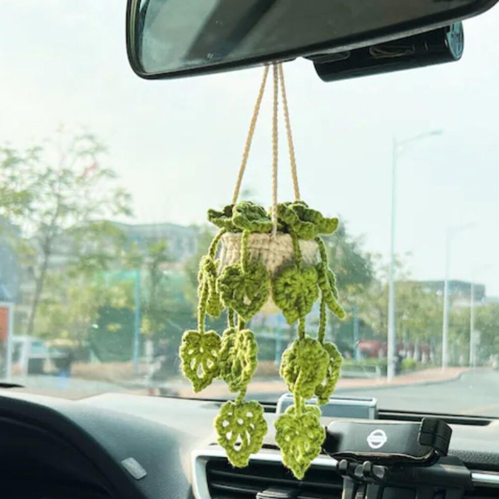 Handmade Crocheted Potted Plant Car Hanging Ornament, Car Mirror Decor, Army Leaves White/Green 6493810005879