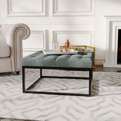 Living And Home (Grey) Square Linen Footstool with Metal Frame