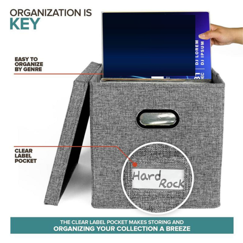 Vinyl Record Storage Box with Lid and Handles, LP Record Organizer 2