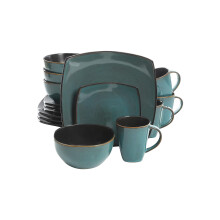 gibson Elite Soho Lounge 16 Piece Reactive glaze Dinnerware Set Soft Square Teal green Service for 4 16pc