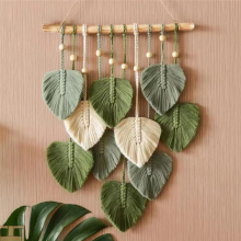 Green Leaf Macrame Wall Hanging – Hand-Woven Boho Tapestry (Cotton & Wood), 90x40 cm