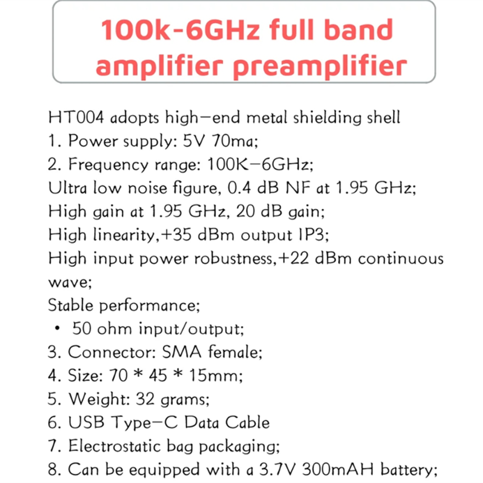 Amplificador De Bajo Ruido De Banda Completa HT004 De 100 K A 6 Ghz, 20 Db-image