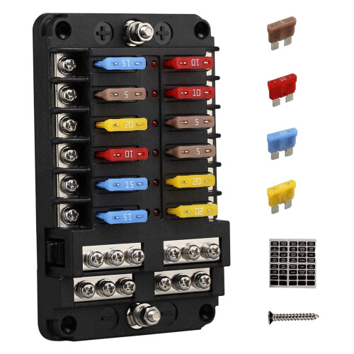 12V 12-vejs marinsikringspanel med jord og V 1