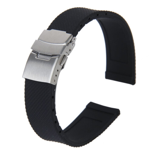 Watch Bands Sport Black Silicone Rubber Strap Depl