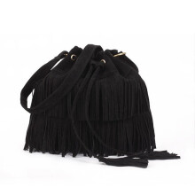 (Black) Tassels Solid Color Simple Style Pu Water Bucket Bag Drawstring Travel Closure