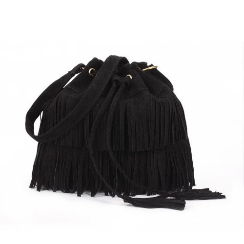 (Black) Tassels Solid Color Simple Style Pu Water Bucket Bag Drawstring Travel Closure
