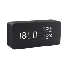 (Black) LED Digital Wooden Alarm Clock With Temperature Humidity Voice Control Snooze Electronic Desk Clocks