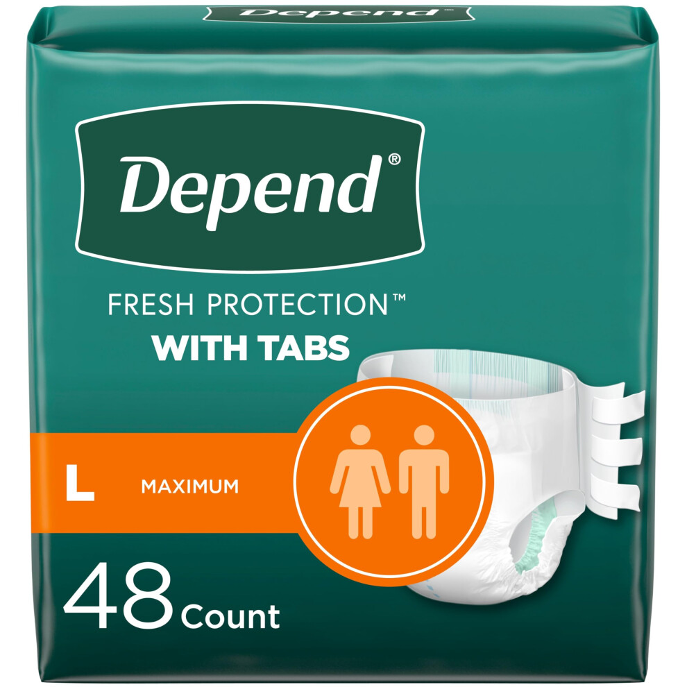 Depend Incontinence Protection With Tabs, Unisex, Large (35-49" Waist, Over 170 Lbs), Maximum Absorbency, 48 Count (3 Packs Of 16)