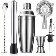 (6 Piece Set) 6pcs Stainless Steel Cocktail Shaker Set, with 24oz Mixing Glass, Strainer, Muddler, Jigger, Mixing Spoon, Pour Spout,Bartender Tools Kit