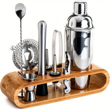 (1 Set) 10pcs Mixology Bartender Kit,Stainless Steel Bar Tools, Martini Cocktail Shaker Set with Stylish Bamboo Stand