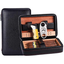 Cigar Case Set Cedar Wood Humidor Portable Leather Cigar Box with Cigar Guillotine