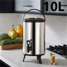 (Black 10L) Stainless Steel Insulated Tea Dispenser, a Versatile Ice Bucket, Large Capacity Thermal Bucket for Milk Tea with Multi-Layer Lid Design