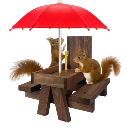 Squirrel Feeder, Squirrel Feeding Table with Umbrella, Wooden Squirrel Picnic Table with Solid Structure and 2 x Thick Benches Ref: 2347