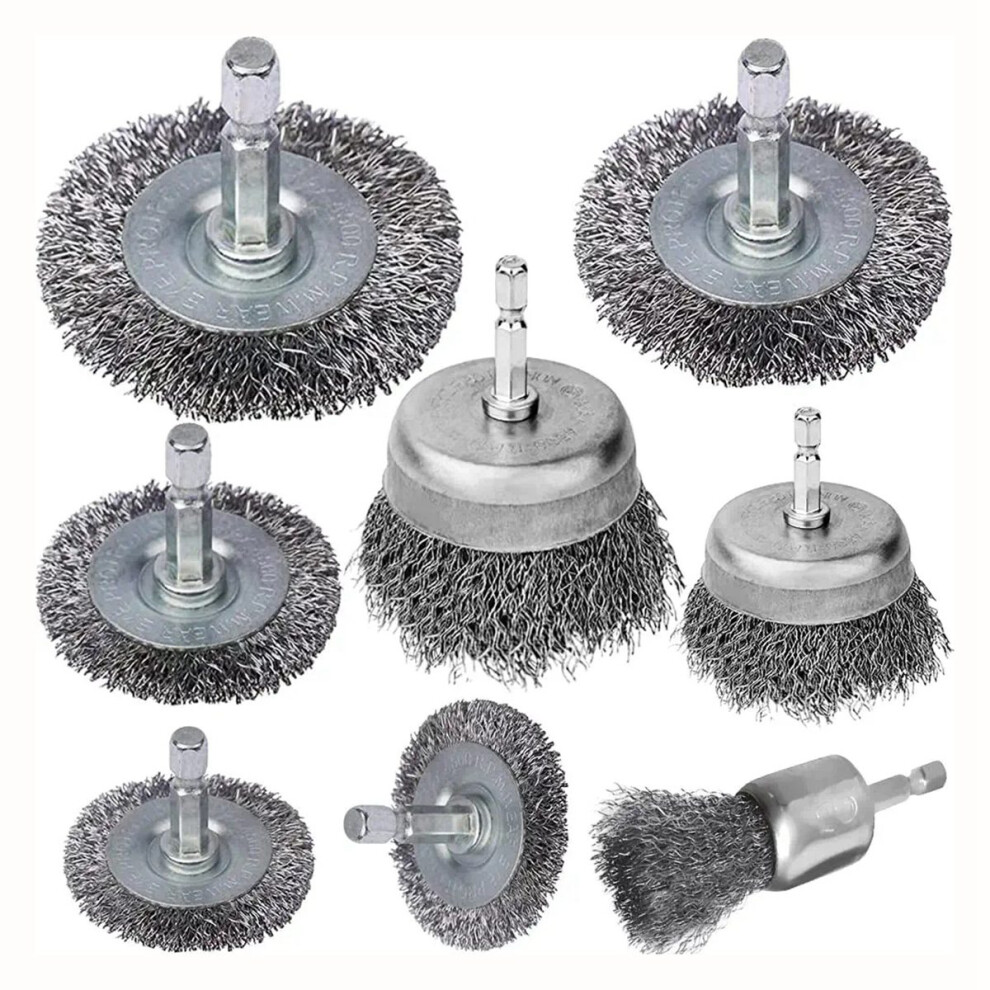 8 Piece Wire Brush Wheel Cup Set 1/4Inch Hex Shank Coarse Crimped Carbon Steel For Rust Removal 4851051631462