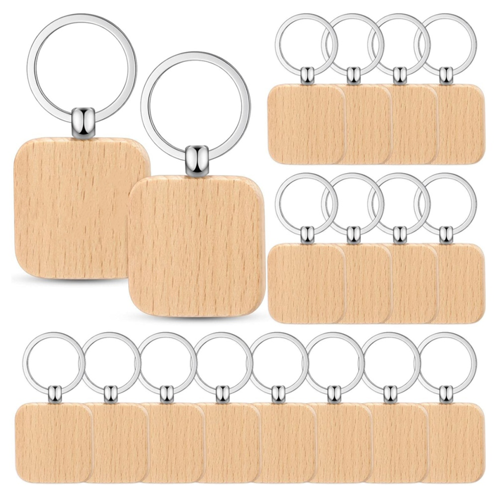 100 Stuks Houten Sleutelhangers, Blanco, Houten Sleutelhanger, Bulk, Onafgemaakte Graveerring Voor Doe-Het-Zelf Cadeau-Knutselwerkjes (Vierkant)-image