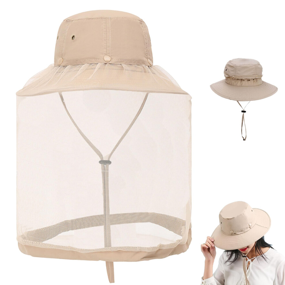 Midge Head Net Sun Hat with Net Windproof Rope for Outdoor Hiking Garden M khaki-image-OPC-PJ265QF-NEW