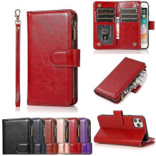 (Red) Wallet Case For 11 - Zipper Purse with 9 Card Slots, Wristlet Stand & Magnetic Flip Leather Cover