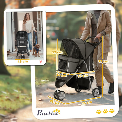 Charcoal Grey 3-Wheel Pet Stroller for Small Dogs 2