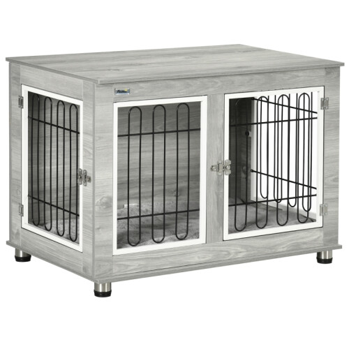 Grey Dog Crate End Table with Washable Cushion & Double Doors 1