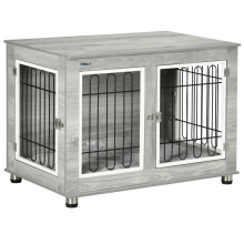 Grey Dog Crate End Table with Washable Cushion & Double Doors