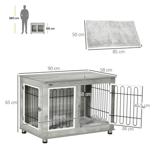 Grey Dog Crate End Table with Washable Cushion & Double Doors 2