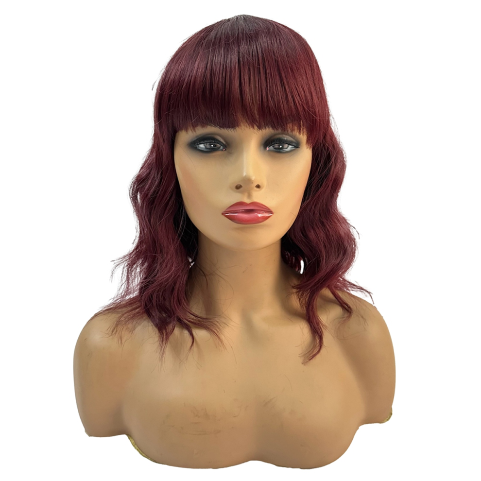 Exogio Unisex Red Synthetic Long Wavy Wine With Bangs Natural Curly Wig