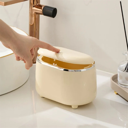 Press-Type Desktop Small Trash Can with Lid, White 2