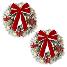 2Pcs Lighted Christmas Wreaths, 9.8Inch Pre-Lit Xmas Wreath with Bow
