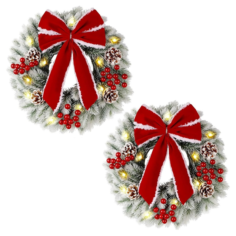 Exogio 2Pcs Lighted Christmas Wreaths, 9.8Inch Pre-Lit Xmas Wreath With Bow White