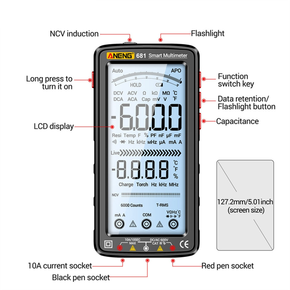681 Digital Multimeter Non-Contact Voltage Tester Black 4853956034409