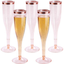 Plastic Champagne Flutes with Rose Gold Glitter & Rim Glasses