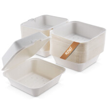 FOOGO Green 500pcs Takeaway Burger Boxes, 6inch 17oz / 480ml, Made from Natural Sugarcane Pulp, Eco-Friendly Clamshells, Disposable Food Containers,