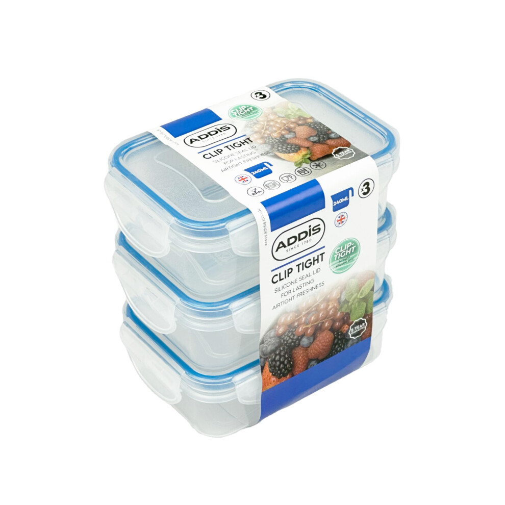 Addis Clip Tight Food Storage Containers 240 Ml Rectangle Pack Of 3 Airtight Containers Bpa Free Easy Locking Lid Clips, Clear Transparent