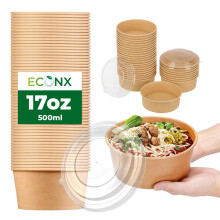 ECONX 17oz 500ml Kraft Salad Paper Bowls with Lids 20 Pcs Disposable Takeaway Bowls Salad Food Container for Hot Cold Food Leakproof Soup Containers