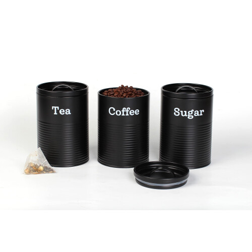 EHC Set of 3 Tea, Coffee & Sugar Kitchen Storage Canisters Jars - Black 2