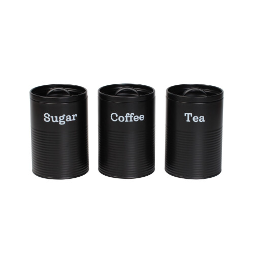 EHC Set of 3 Tea, Coffee & Sugar Kitchen Storage Canisters Jars - Black