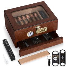 Tesonway Cigar Humidor, Cedar Wood Humidor Cigar Box, Glass Top Desktop Humidor with Front Hygrometer, Humidifier, Divider, Accessories Drawer and